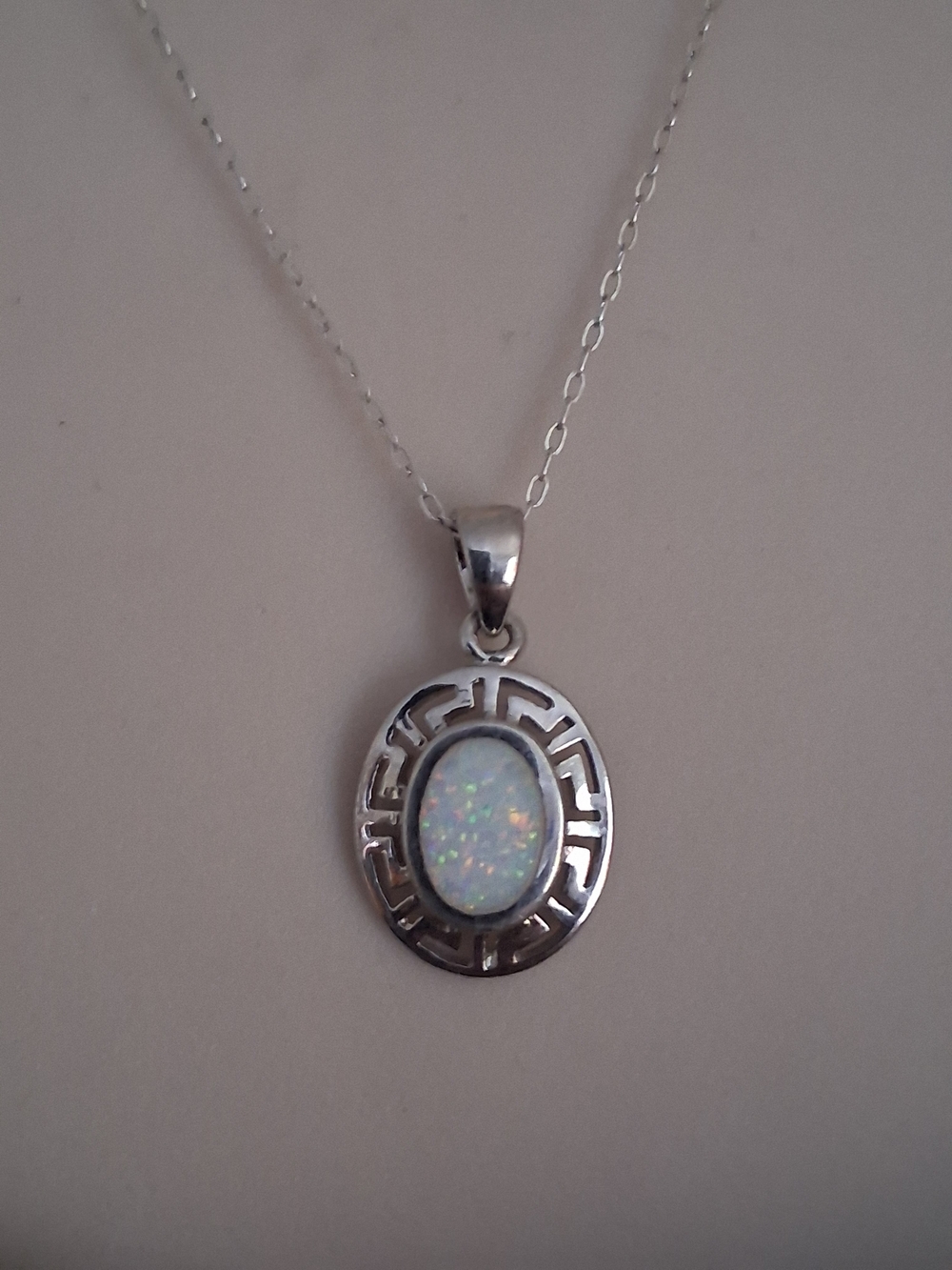 oval opal greek key pendant sterling silver necklace 18"